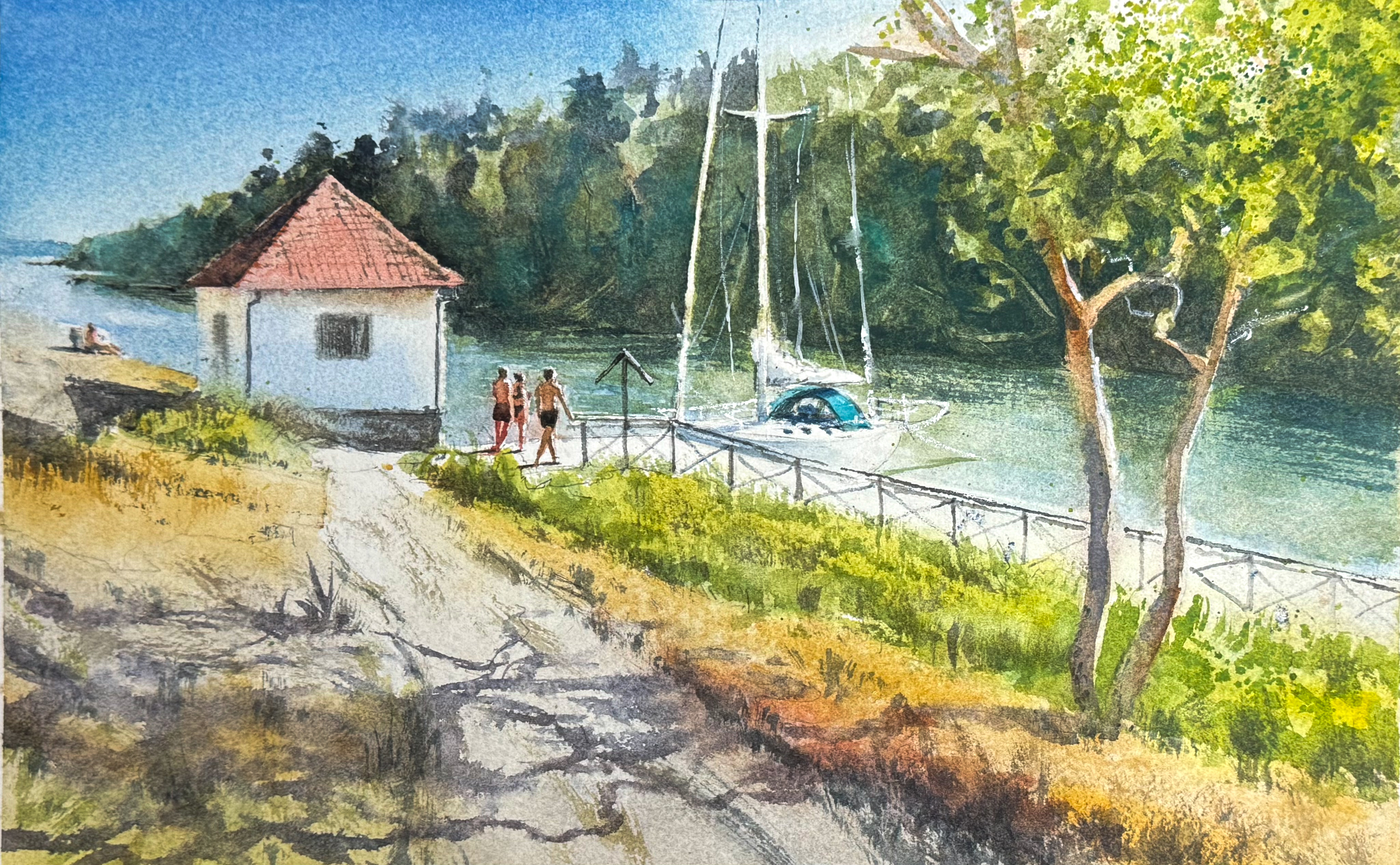 Ljus kustlinje i mjuka blå och gyllene övergångar.