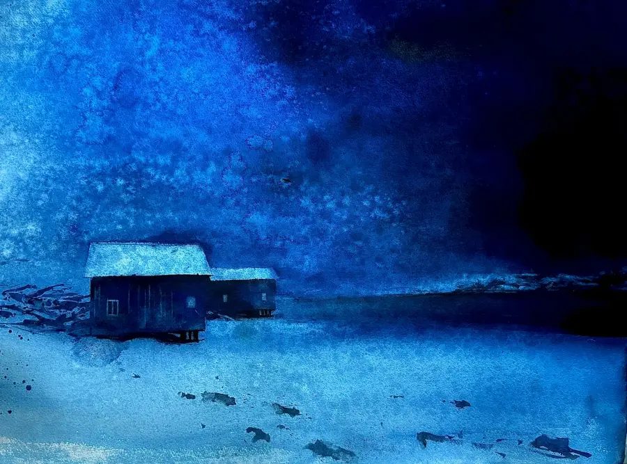 Andra bilden av djup blå-grå morgonbild med strandlandskap i kallt februari.