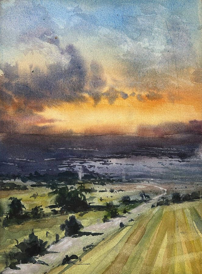 Landskap i övergången mot skymning med mjuka valörer.