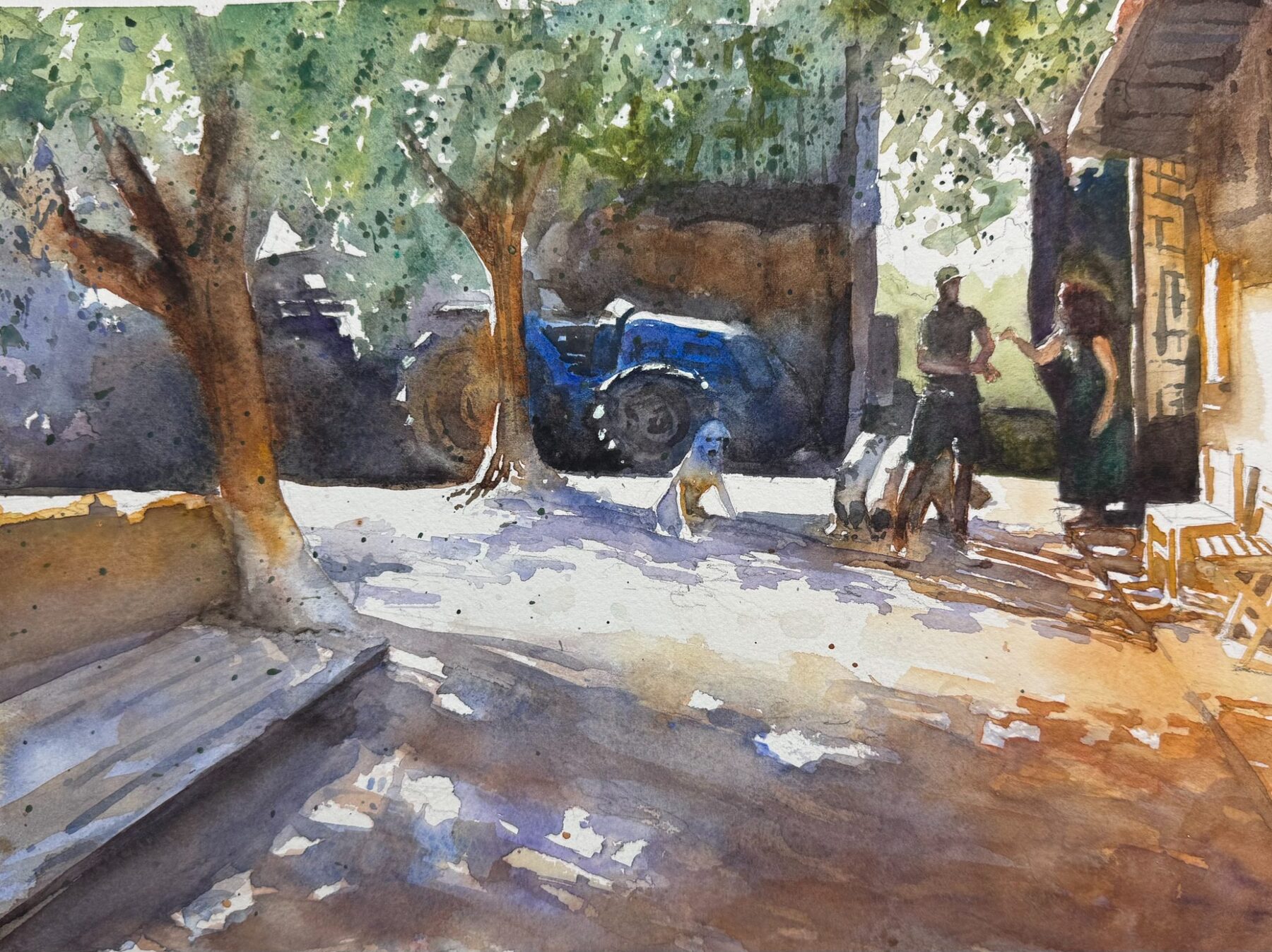 Farmyard scene with trees, a bicycle and people in winter light.