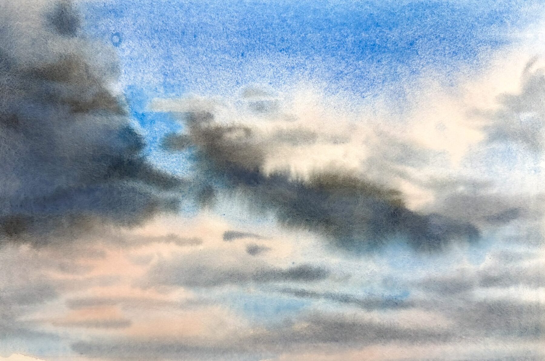 Moln mot klarblå himmel i ljusa akvarelltoner.