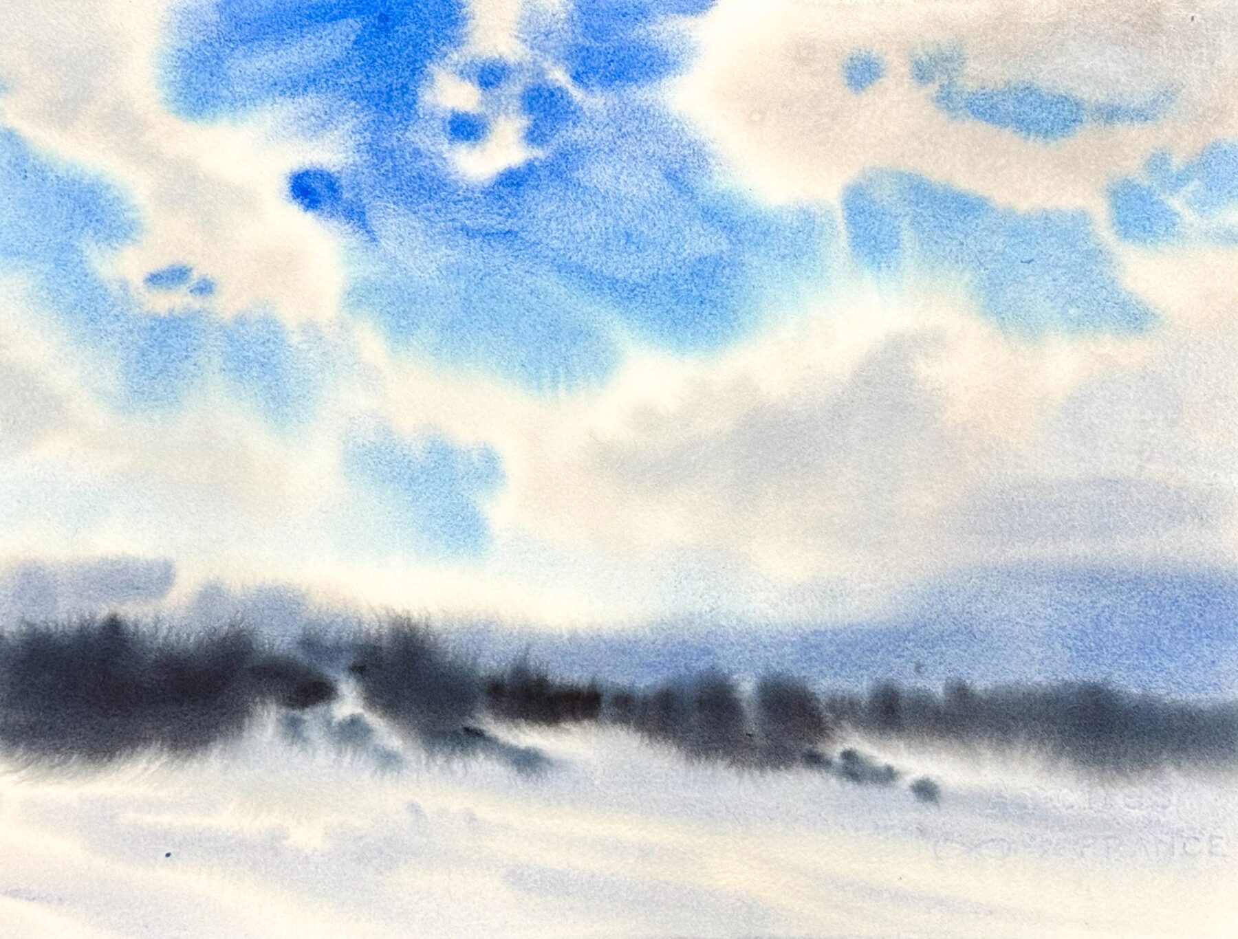 Mjuka vintermoln över en ljus snötäckt horisont.