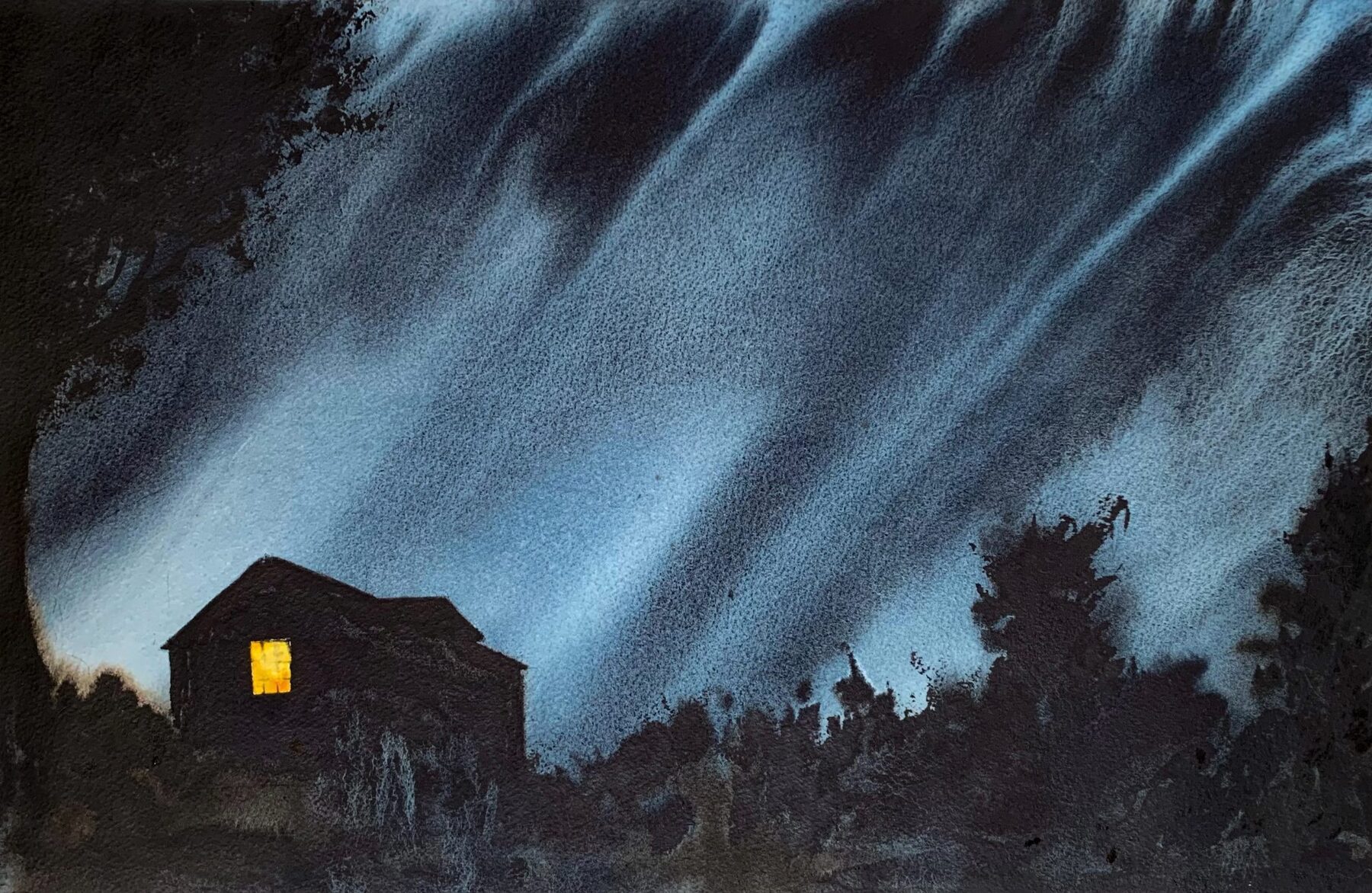 A solitary house in rainy twilight under a dark sky.