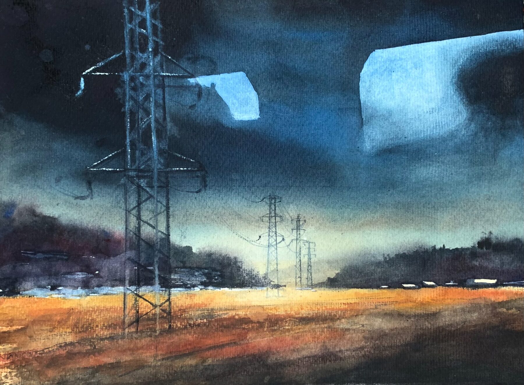 Power lines and road in blue evening light.