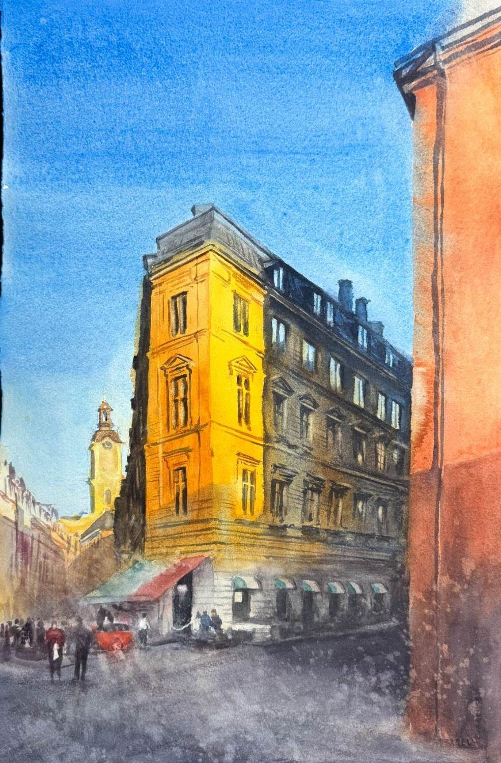 Dusk scene in blue with golden-yellow facades