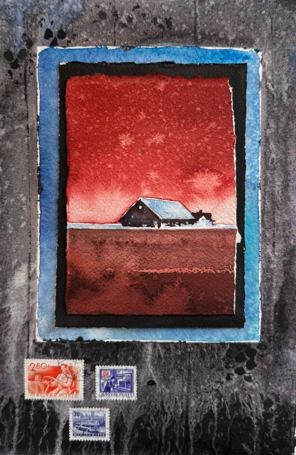 Litet hus under röd himmel målat som ett inramat vykort.